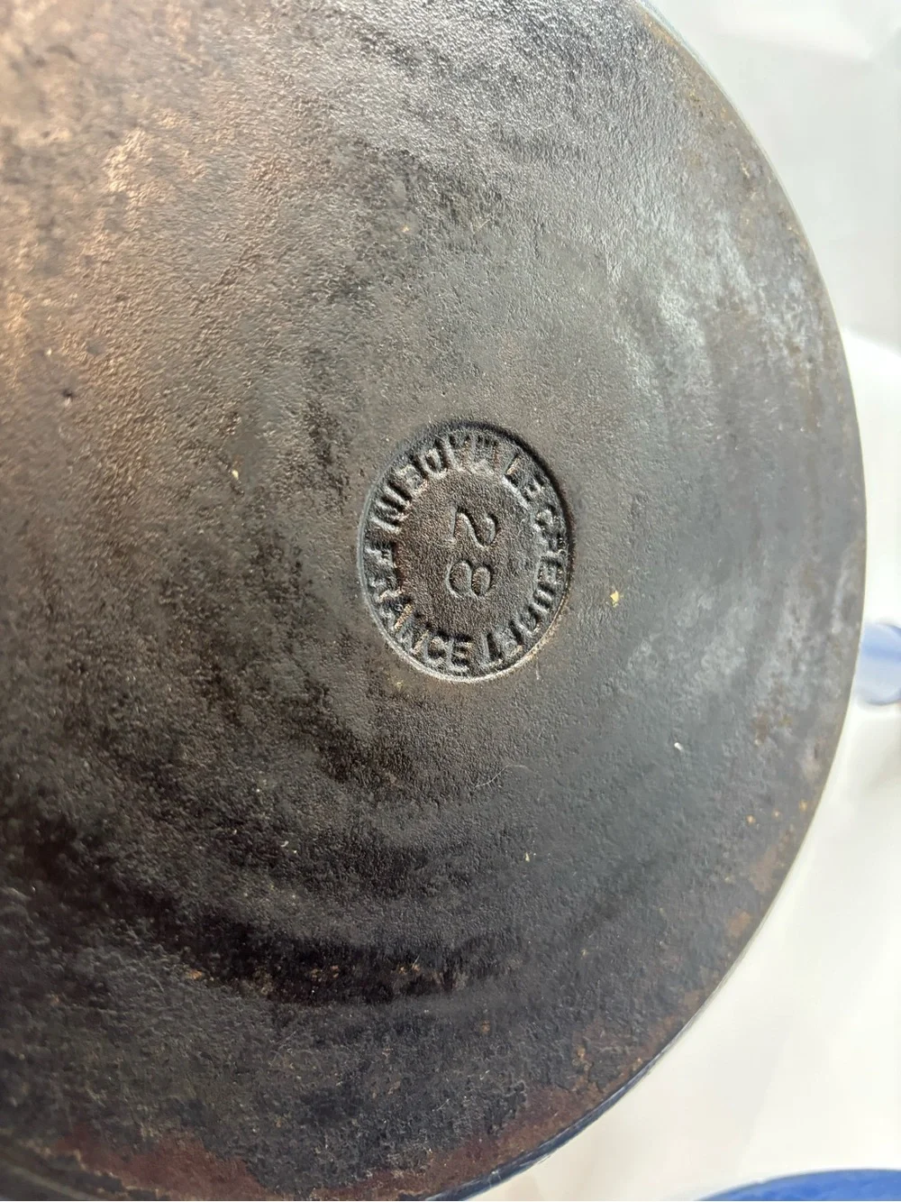 Le CREUSET #23 France Blue Enamel Cast Iron Skillet Pan Wood Handle Rare W Lid